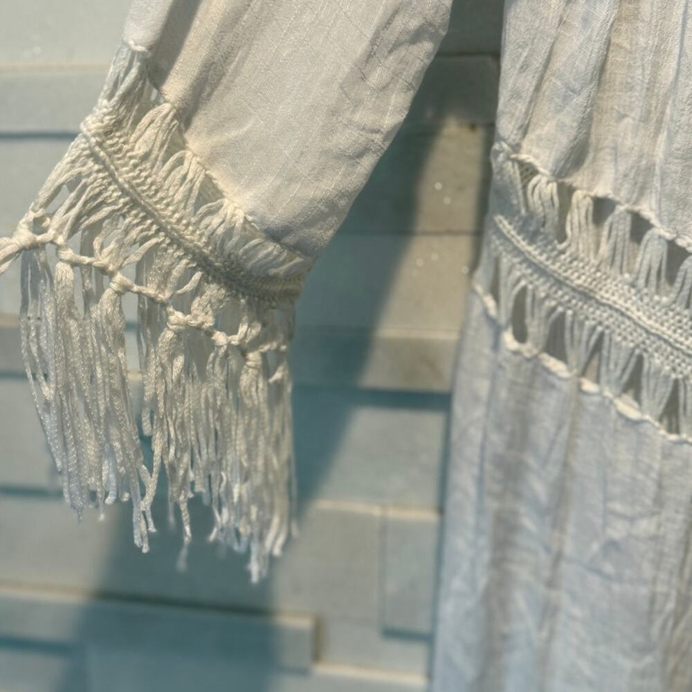 VIVID NWT Artsy Boho Long Sleeve Assymetrical Hem Fringed Kimono Crochet Trim  L - Picture 6 of 7